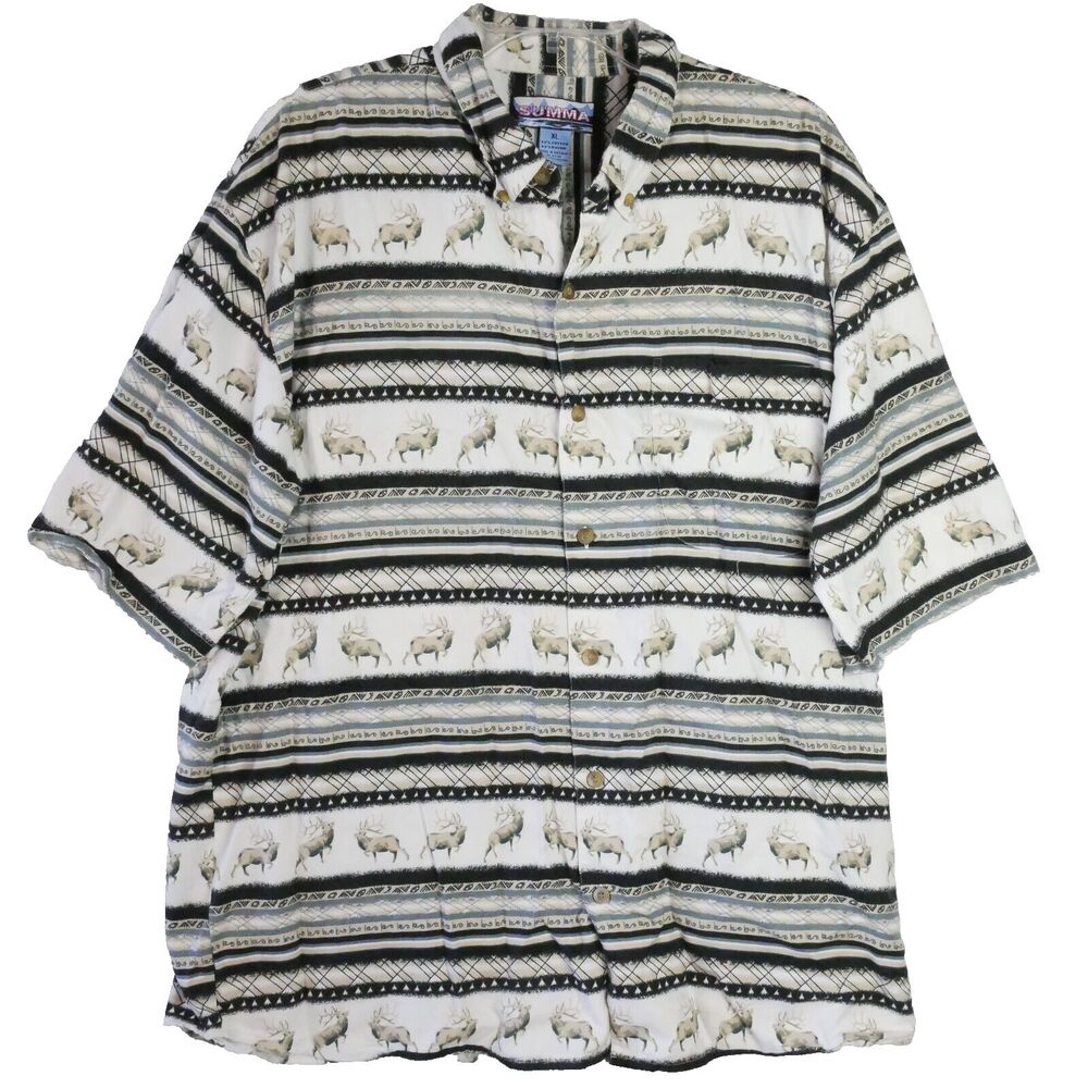Summa Mens Size XL Beige Hawaiian Shirt Short Sleeve Button Down Deer  Print
